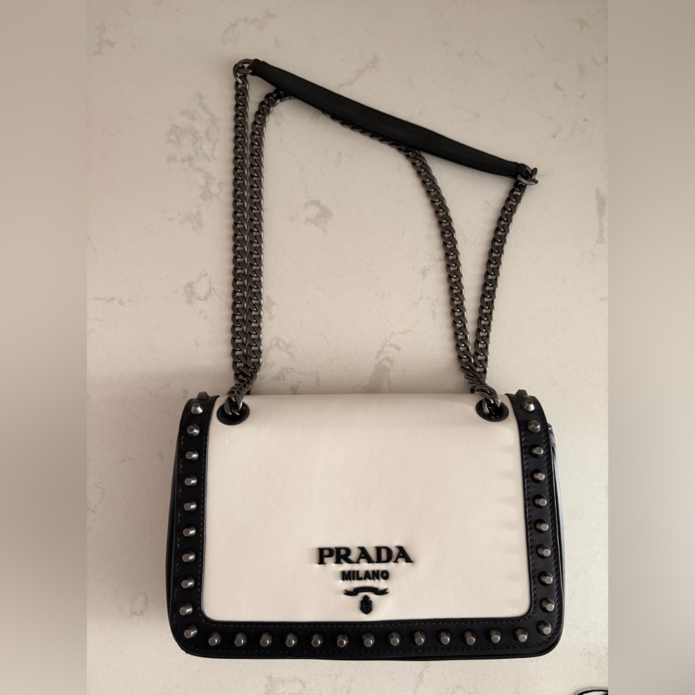 Prada Studded Glace Calf leather black and white shoulder / crossbody bag
